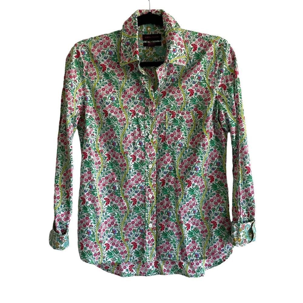 LIBERTY ART FABRIC Cotton Floral Print Button Front Shirt White Green S